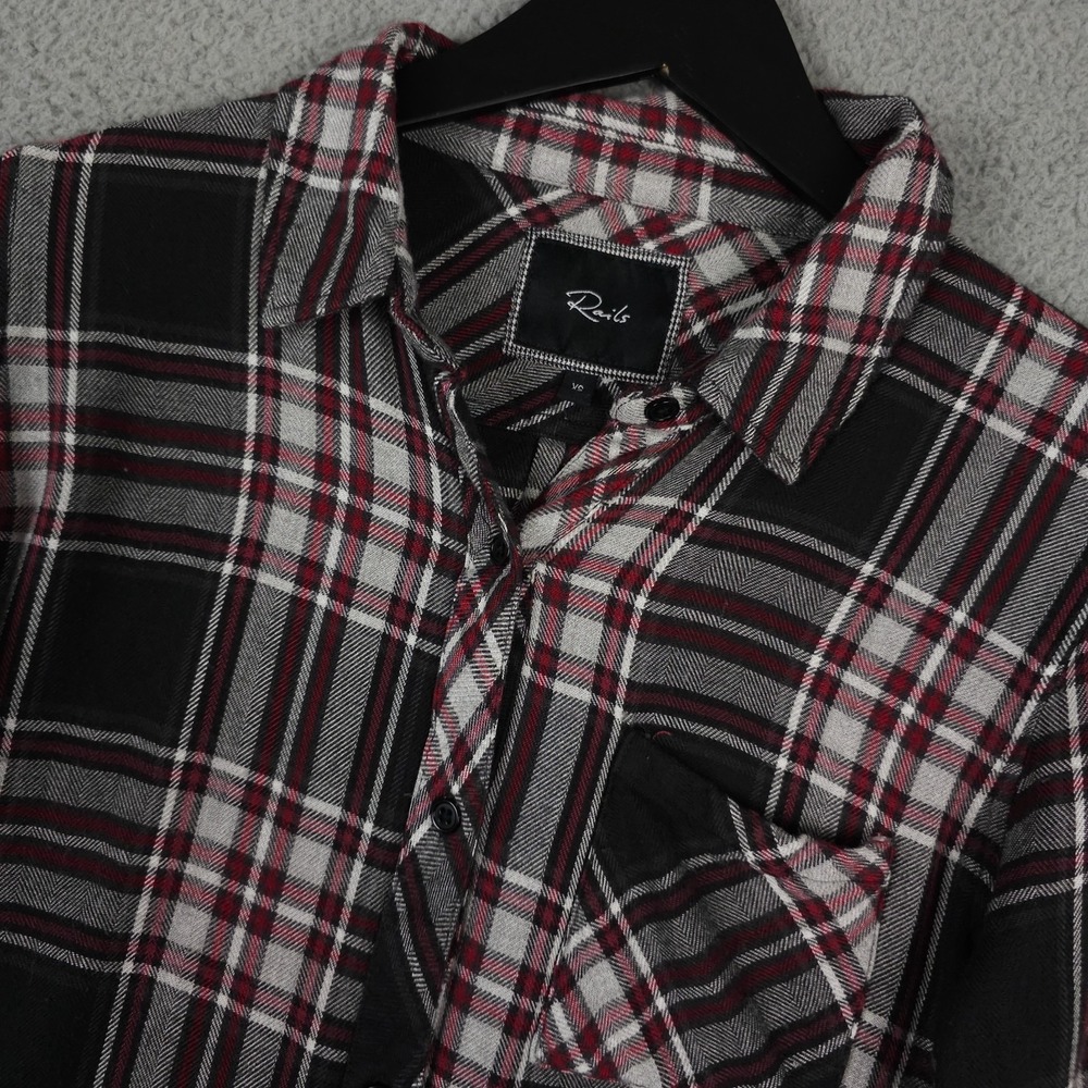 Rails Shirt Womens XS‎ Black Red White Plaid Flannel Long Sleeve Button Up Rayon